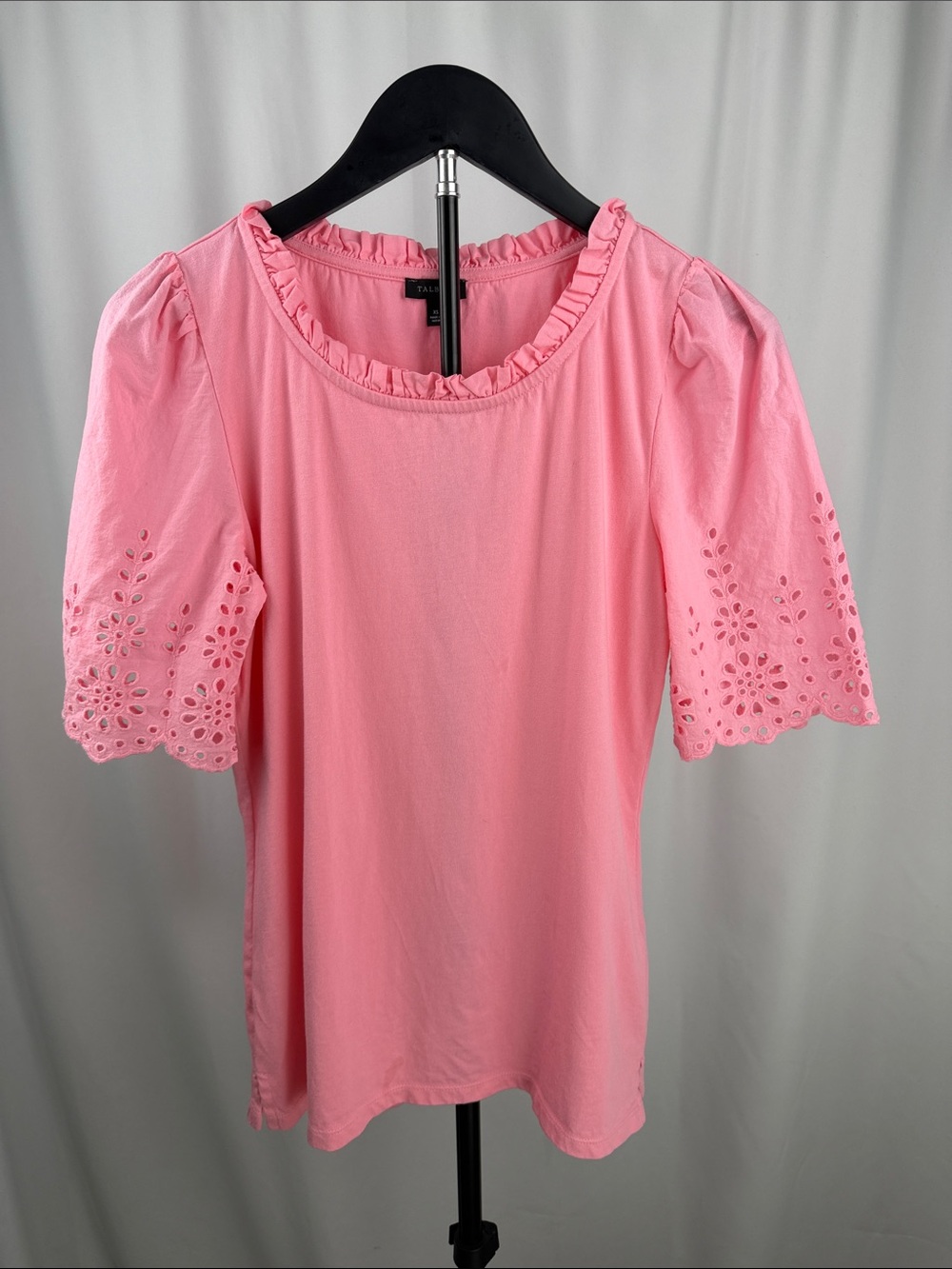 Talbots Pink Ruffle Neck Eyelet Sleeve Top